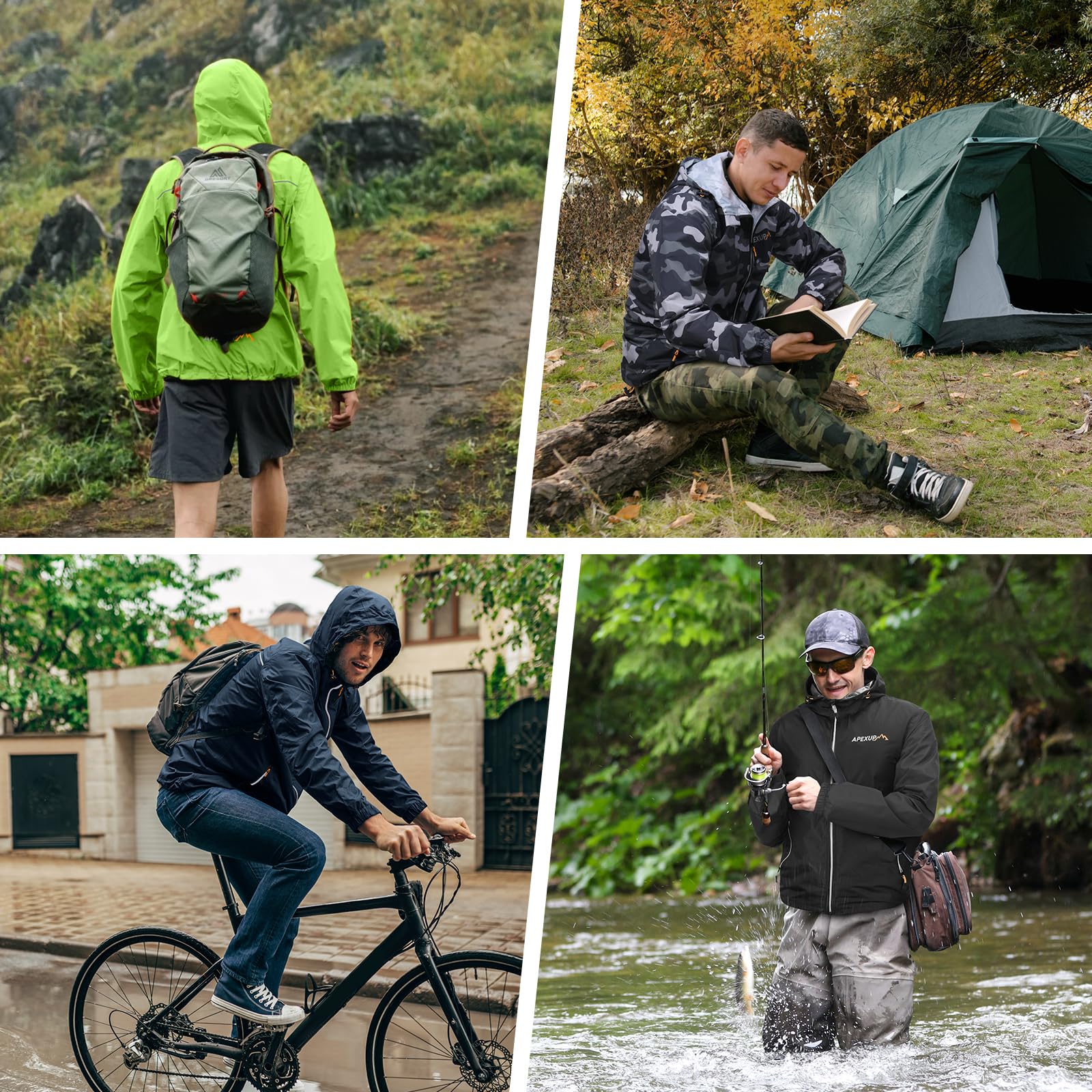APEXUP Packable Rain Jacket Men with Reflective Zipper, Lightweight Waterproof Jacket Windbreaker