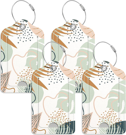Luggage Tags for Suitcase, 4 Pack PU Leather Travel Cruise Luggage Tag with Privacy Flap, Name ID Label and Metal Loop for Women Men Girls Suitcase Baggage Bag Backpack, Boho Leaves