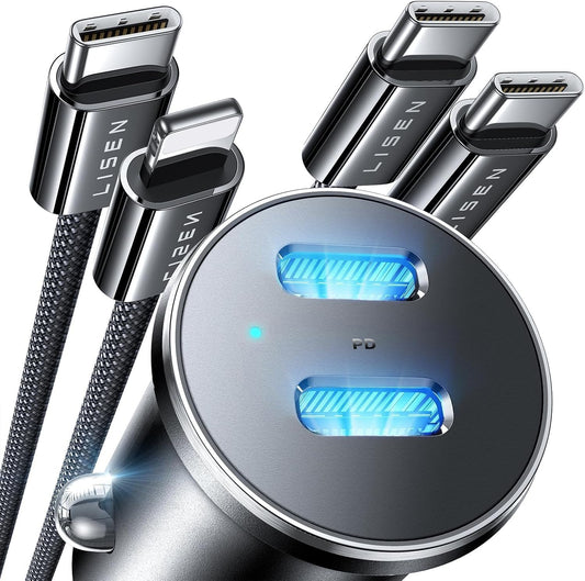 LISEN 90W for iPhone 17 Car Charger USB C Fast Charge, Dual Fast Charging Port 45W USB C Car Charger Type C Adapter with 2 Cables [Lighning&USB-C] for iPhone 17 Pro/16/15/14,Galaxy S25/S24