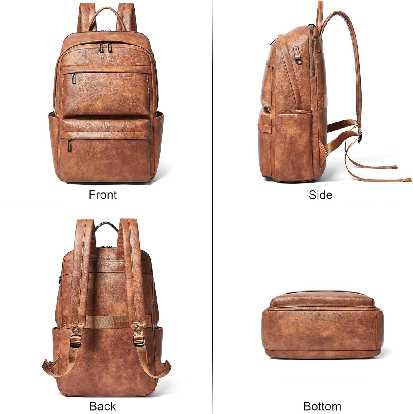 Leather Laptop Backpack for Women, Fits 15.6 Inch Laptop, Leather Backpack with 2 Water Bottle Pockets, Hidden Zipper and Luggage Strap, Ideal for Work, Travel, College, Everyday Use, Brown