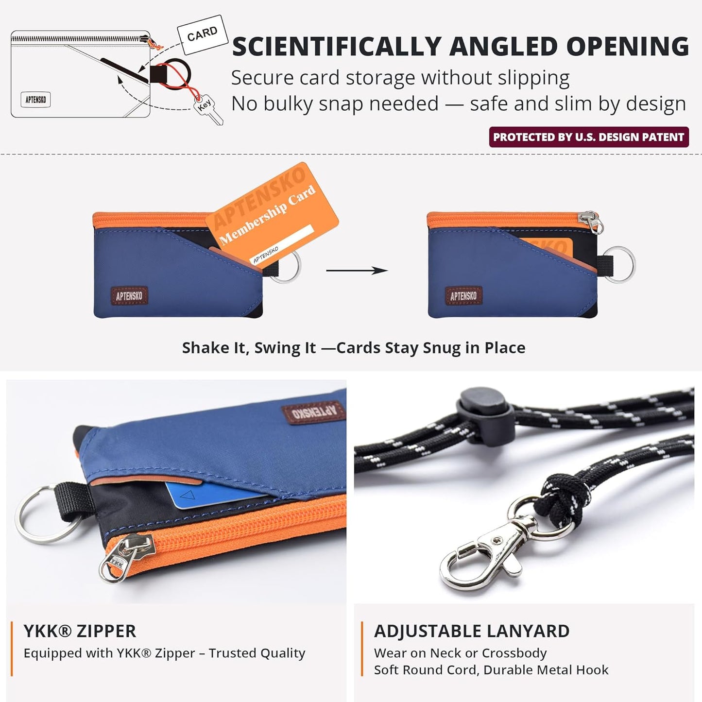 RFID Travel Wallet with Adjustable Lanyard-Zipper Small Wallet with ID Card Holder, Keychain for women&men-Minimalist Slim Waterproof Nylon case for ID, Cash, Key (Navy+Black)