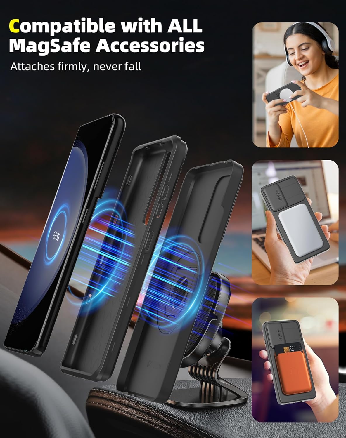 for Samsung Galaxy S23 FE Case Magnetic Compatible with MagSafe Wireless Charging,with 2 Screen Protectors,Built-in Stand Ring+Camera Cover Anti-Scratch Shockproof Heavy Duty Protection Black
