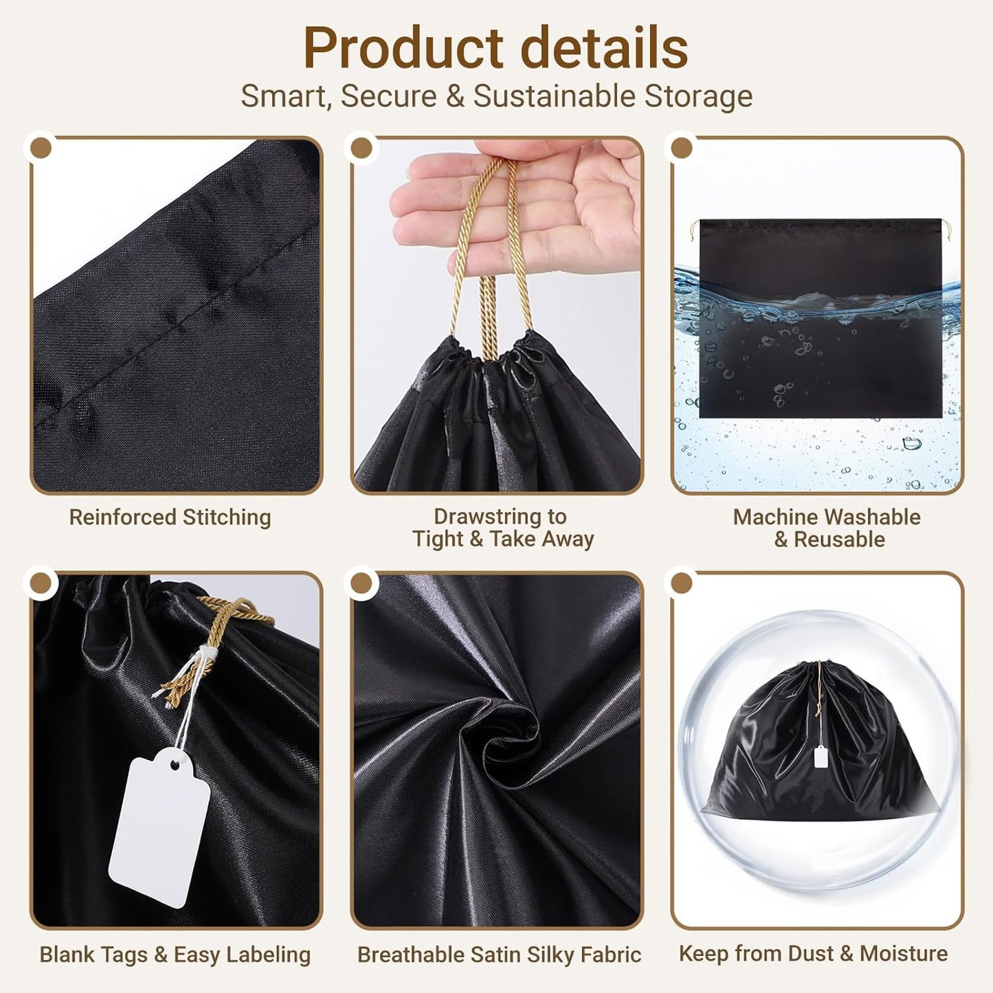 Ewen 23.6x19.6in Satin Dust Bags for Handbags, 7 Pack of Black Storage Bag for Shoes and Boots, Dustproof Silk Bags with Drawstring for Travel, Dust Cover Bag for Purse Clothing, Closet Organizers