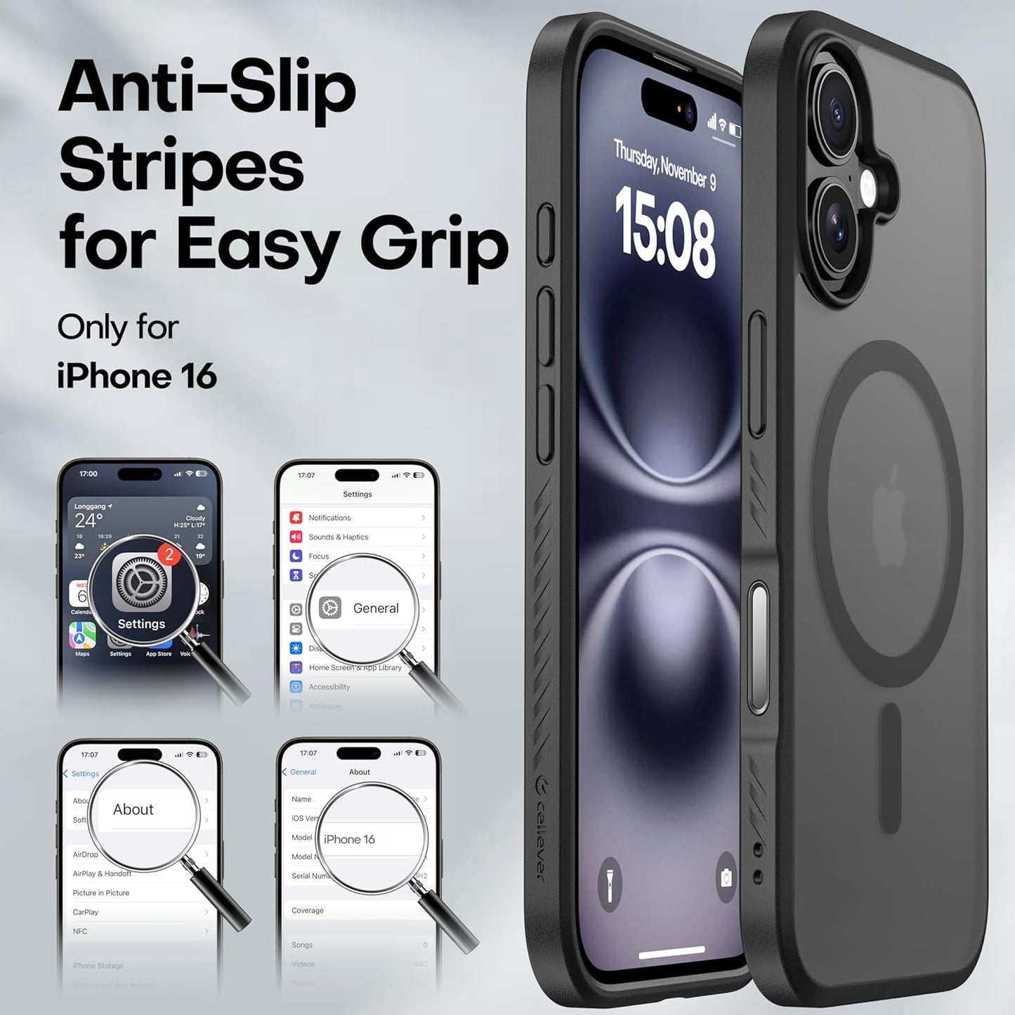 CellEver Strong Magnetic for iPhone 16 Case with Camera Control Capture Button [Camera Protection] [Military Drop Protection] [Compatible with MagSafe] Slim Translucent Matte Cover, Black