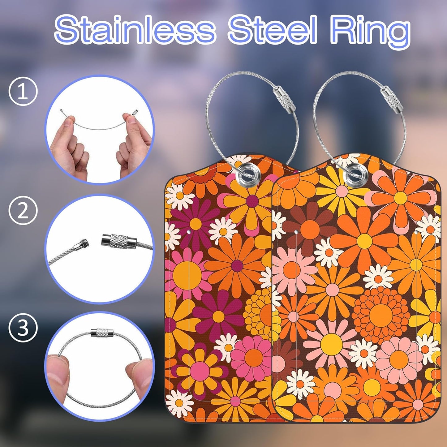 Hippie Flower Luggage Tag for Suitcase 2 Pack Leather Luggage Tag with Privacy Flap Name ID Label and Metal Loop for Women Men Travel