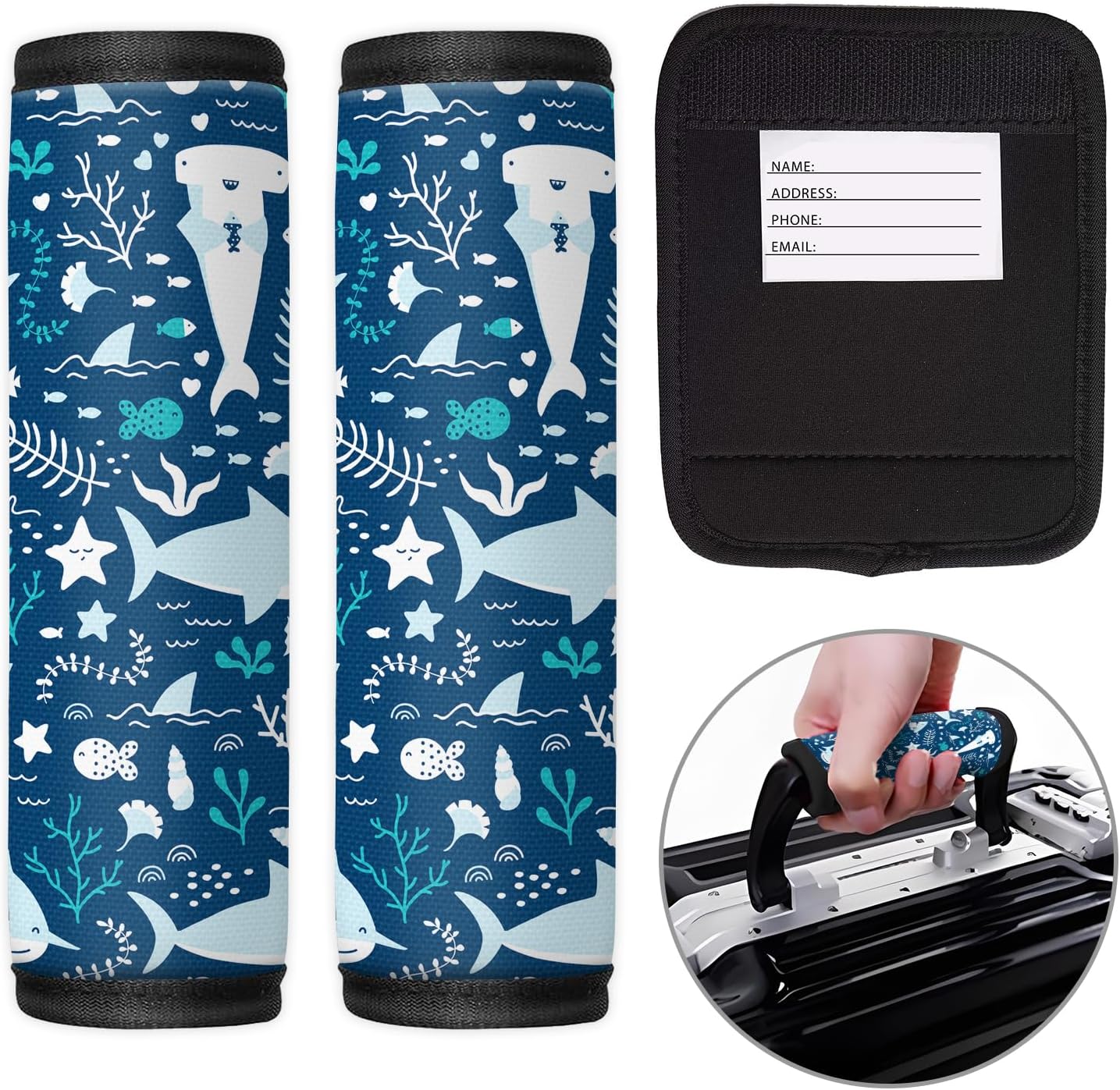 2 Pack Luggage Handle Wrap Travel Tags - Set of Luggage Tags for Suitcases, Identifiers, Marker, and Handle Covers - Cruise Accessories and Travel Gifts（Cute Sharks