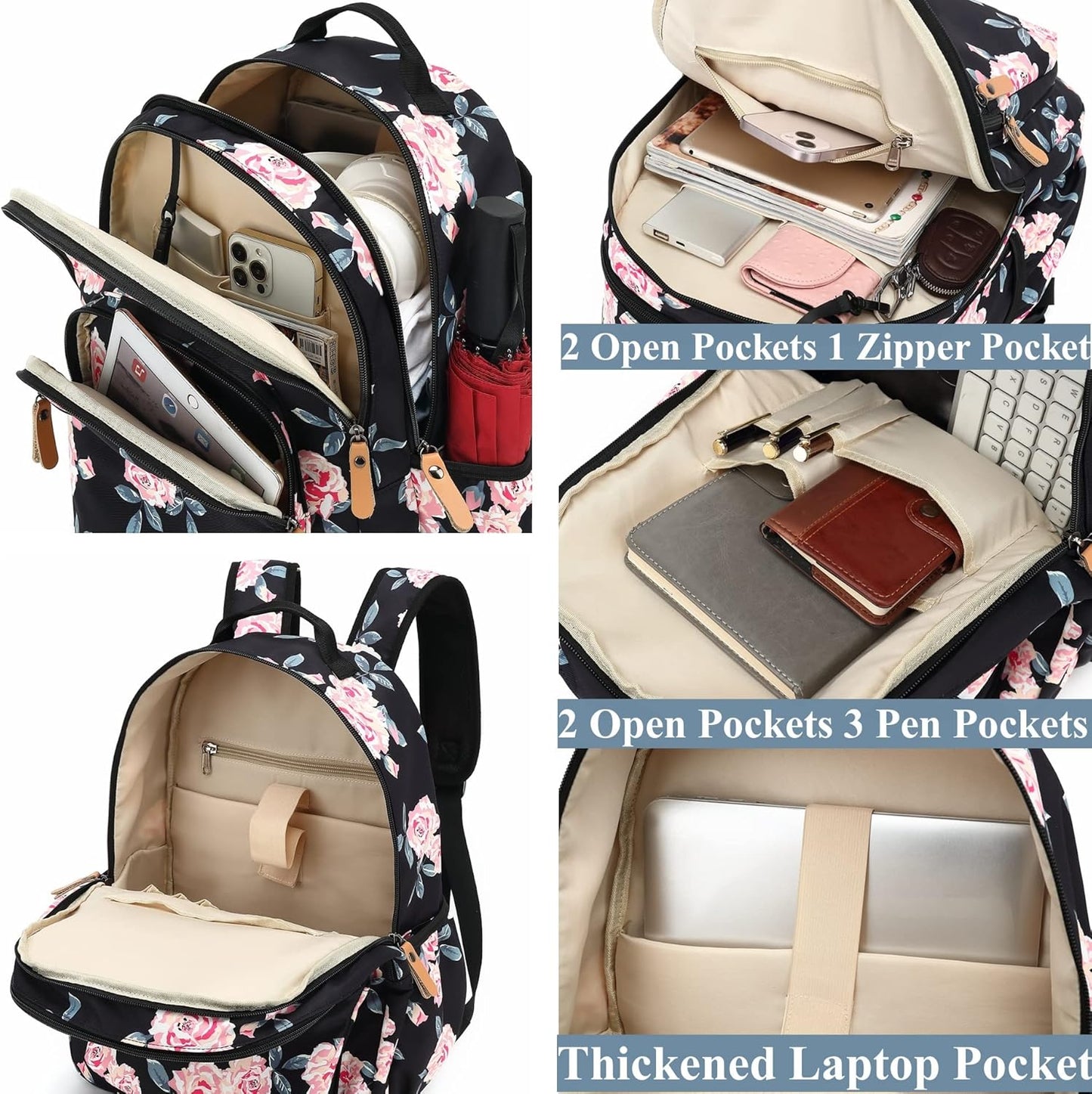 Floral Travel Backpack for Women Large Laptop Backpack Water Resistant Stylish Backpacks College Dapack Cute Shoulder Carry On Bag Dark Blue