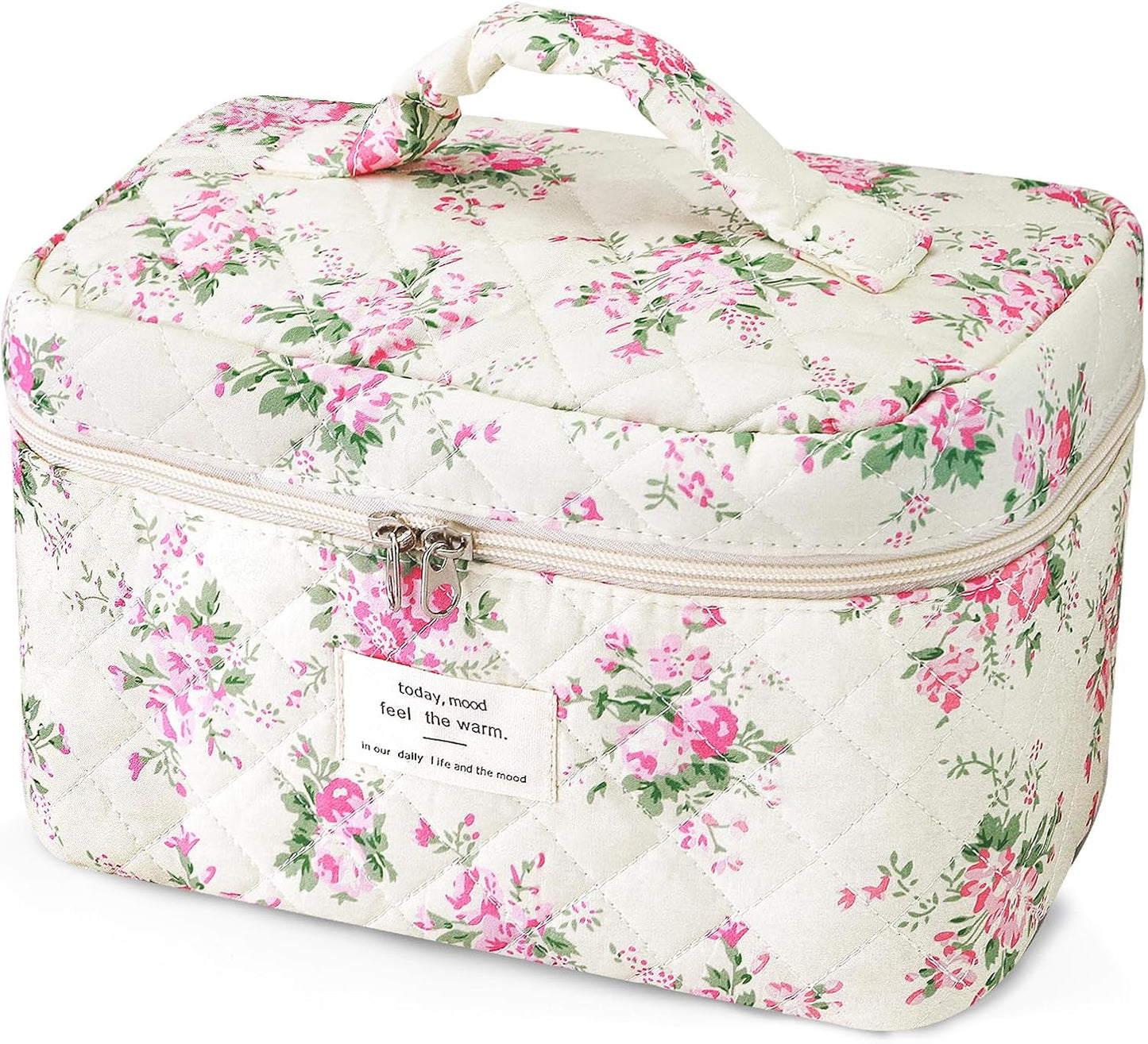 Large Travel Quilted Makeup Bag for Women, Floral Cotton Cosmetic Bag Cute Coquette Aesthetic Floral Toiletry Organizer Bag for Girls Little Pink Flower Cosmetic Zipper Storage Bag