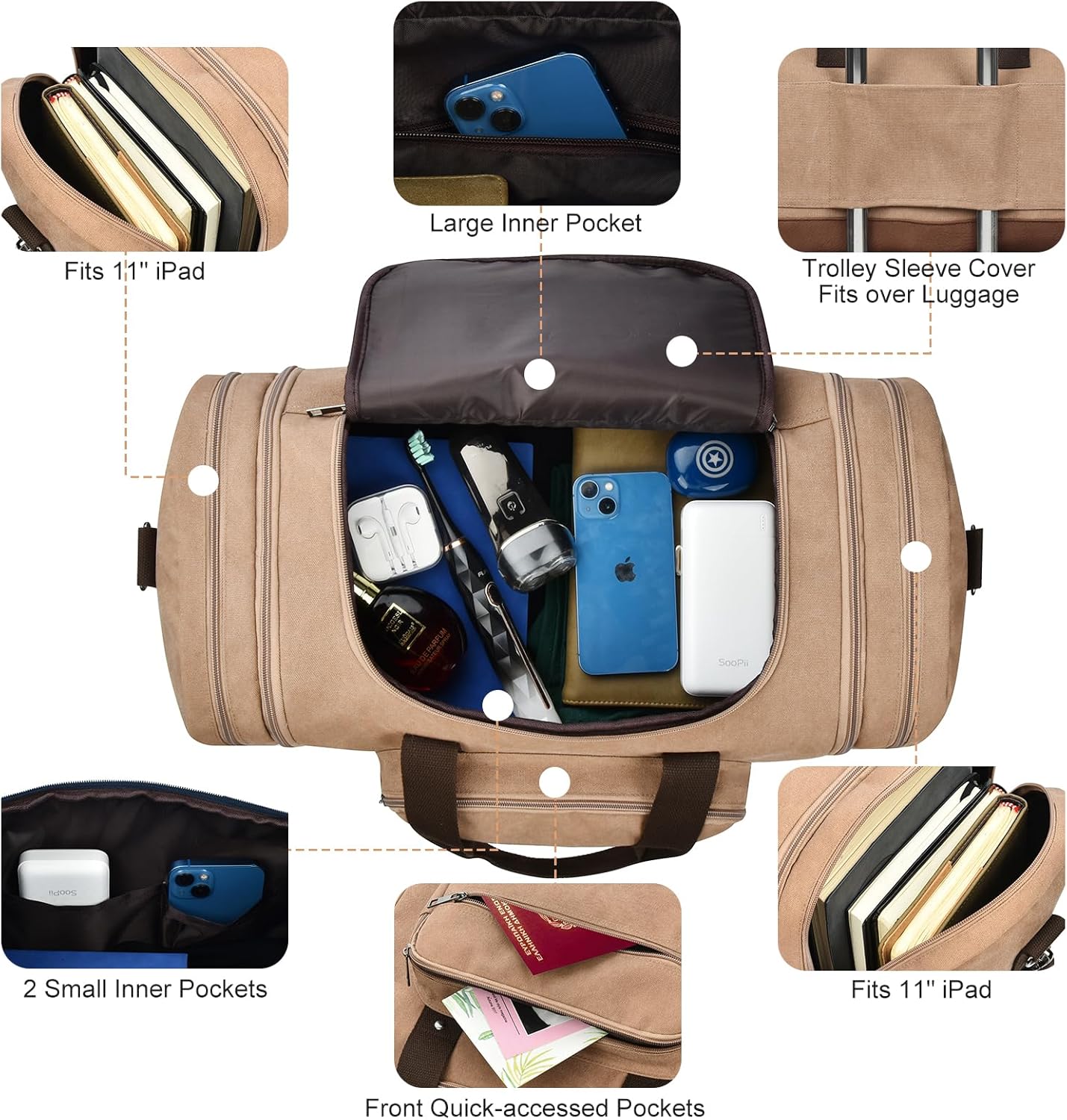 Litvyak Duffle Bag for Travel, 50L Canvas Travel Duffel Bags Overnight Weekend Gym Carry On Luggage Bag for Men & Women(Coffee+Toiletry Bag)