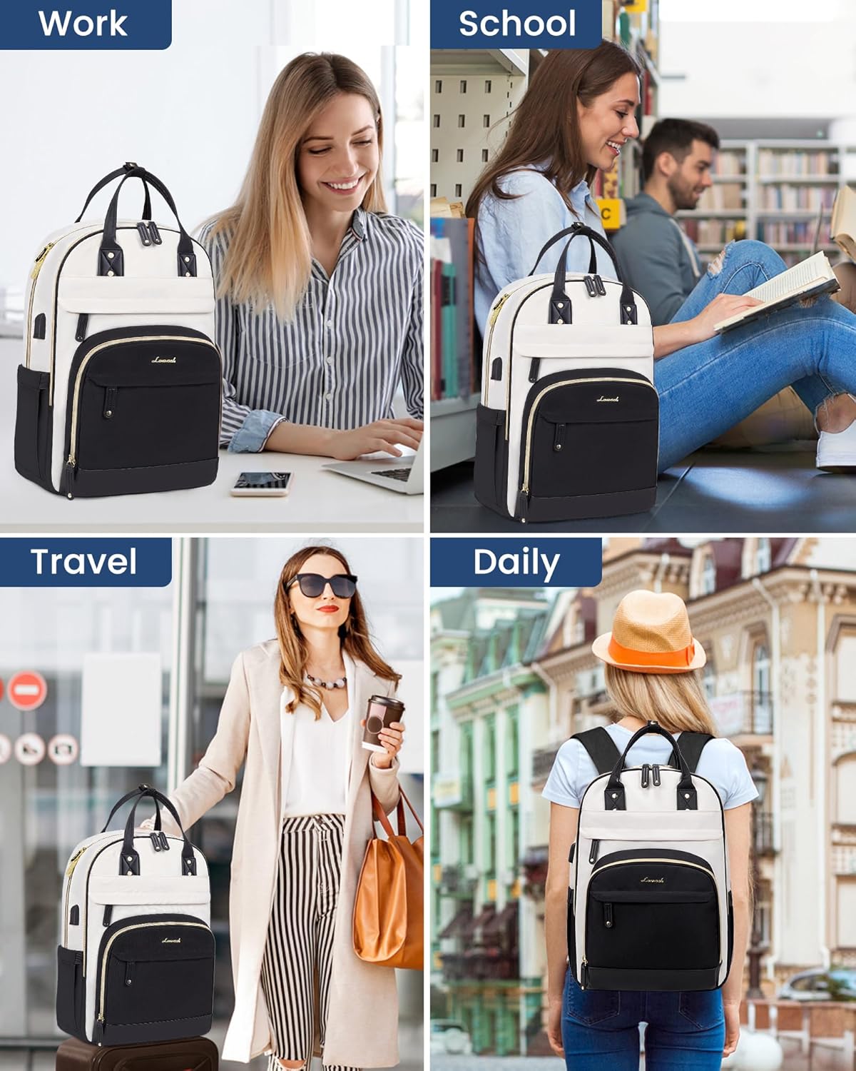 LOVEVOOK Backpack for Women,Laptop Backpack Women,Fits 15.6 Inch Laptop Bag,School Backpacks,Fashion Travel Work Anti-theft Bag,Waterproof Business Computer College Backpack Purse,Black-Off-white