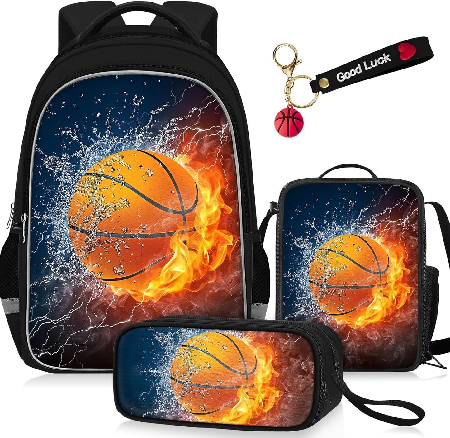 School Backpack for Boys - 4pcs Basketball Boys Backpack with Lunch Box and Pencil Case for Kids Children Teens Elementary Middle School - Students Bag for Ages 6-18,17″Bookbag Travel Back Pack