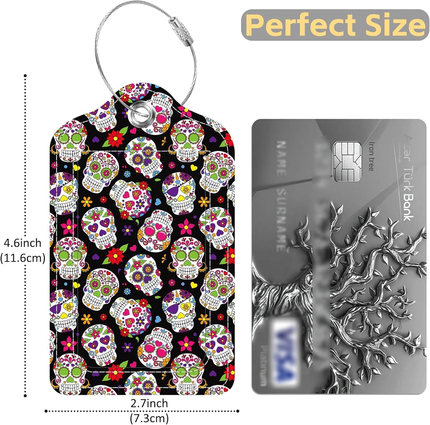 2 Pack Luggage Tags for Suitcase Colorful Sugar Skull Leather Stainless Steel Loop Label Tags for Women Men Travel Bag Suitcase with Privacy Cover Name ID Card