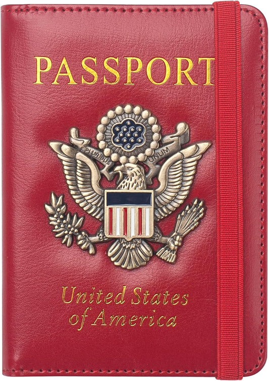 Coowayze US Passport Holder Wallet for Travel Men Women Red RFID Passport Cover Case, Waterproof Red Leather Passport Book Protector with Vaccine Card Slot Travel Document Organizer