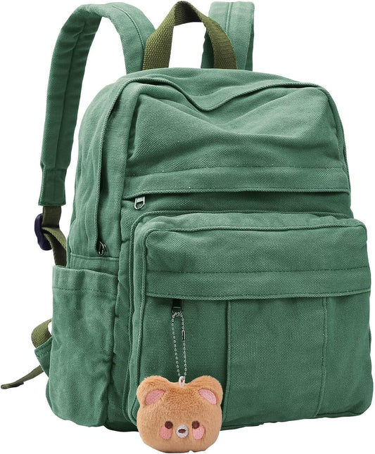 Phaoullzon Medium Canvas Laptop Backpack for Women, Girls Vintage Travel Daypack, Emerald green