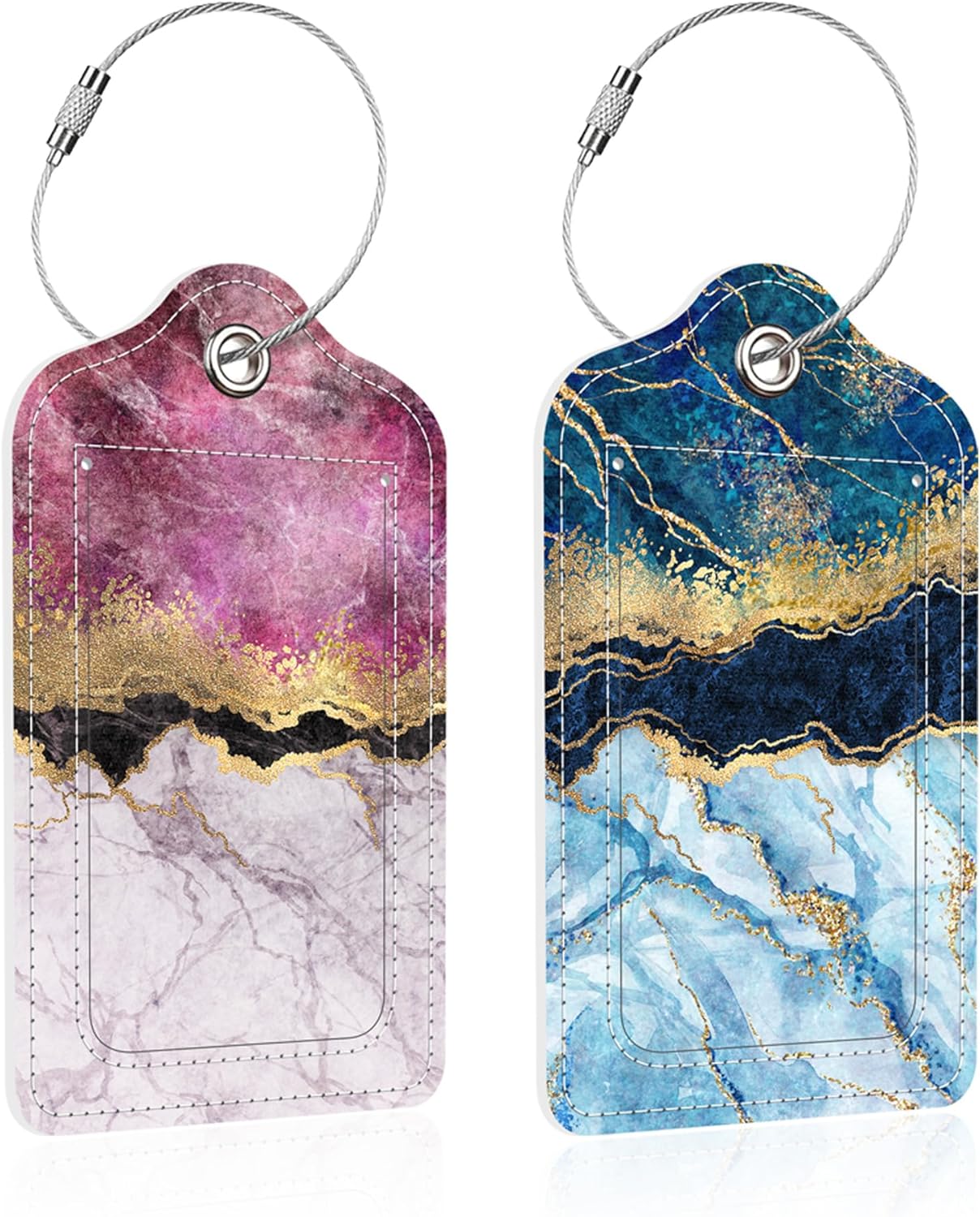 2 Pack Marble Texture Luggage Tag for Suitcase,Pink Gold Marble PU Leather Suitcase Tags Identifiers with Privacy Name Address Labels and Steel Loop for Women Men Travel