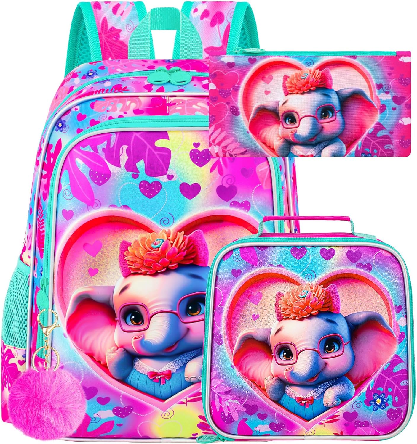 3PCS Girls Backpack, Kids Water Resistant Heart Bookbag Set with Lunch Box, Cute Kids School Bag for Preschool Toddler