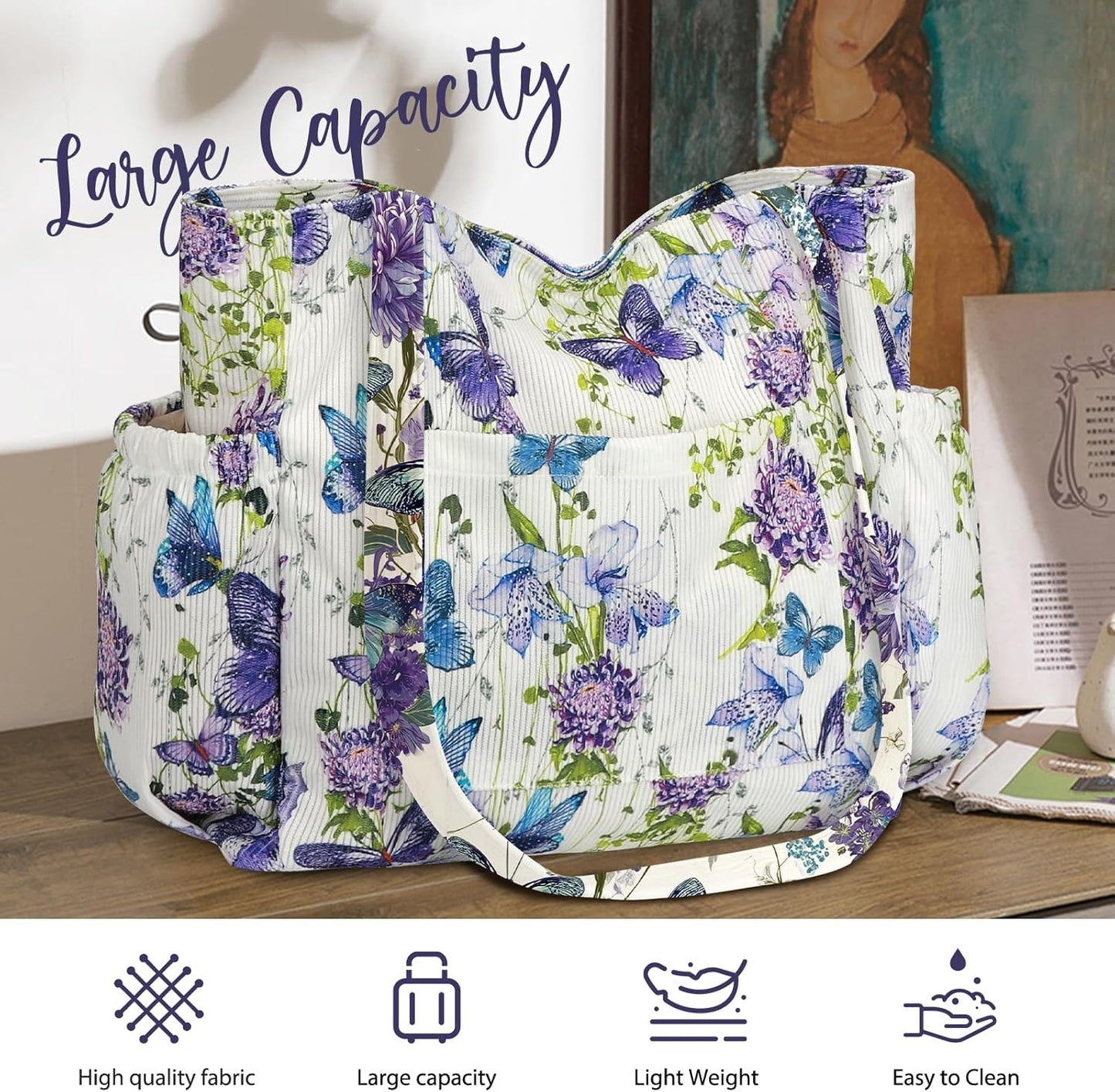Corduroy Tote Bag for Women,Large Capacity Cute Tote Bags With 6 Pockets,Crossbody Shoulder Handbag for Work Travel Gym