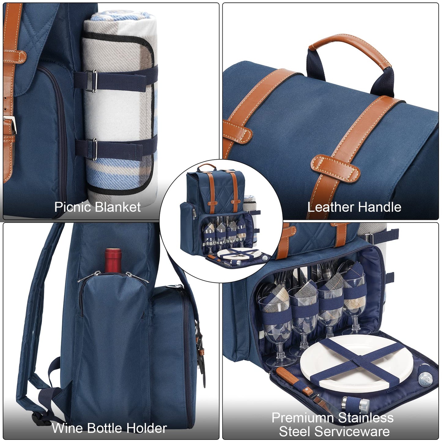 WICKERLAND Picnic Backpack for 4 Person w/Cooler & Waterproof Blanket,Blue