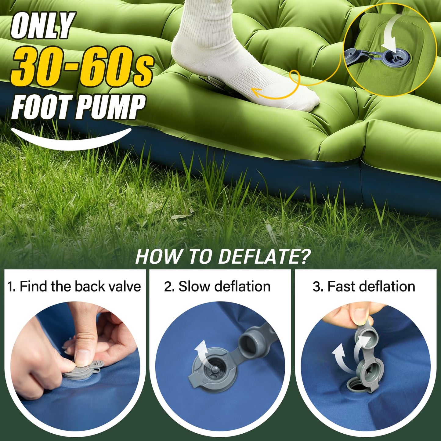 Yuzonc Double Sleeping Pad - Self Inflating 4" Extra-Thick for 2 Person with Pillow Built-in Foot