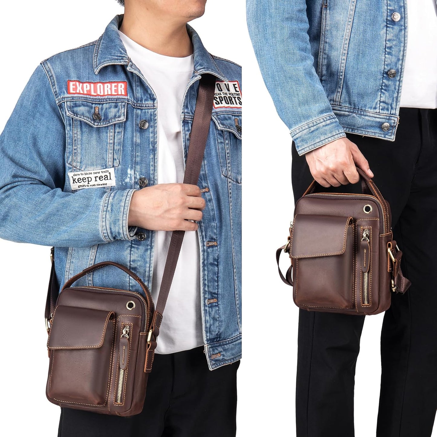 KPYWZER Genuine Leather Shoulder Bag Small Men Messenger Pack Handbag Sling Crossbody Bag Man Purse for Business