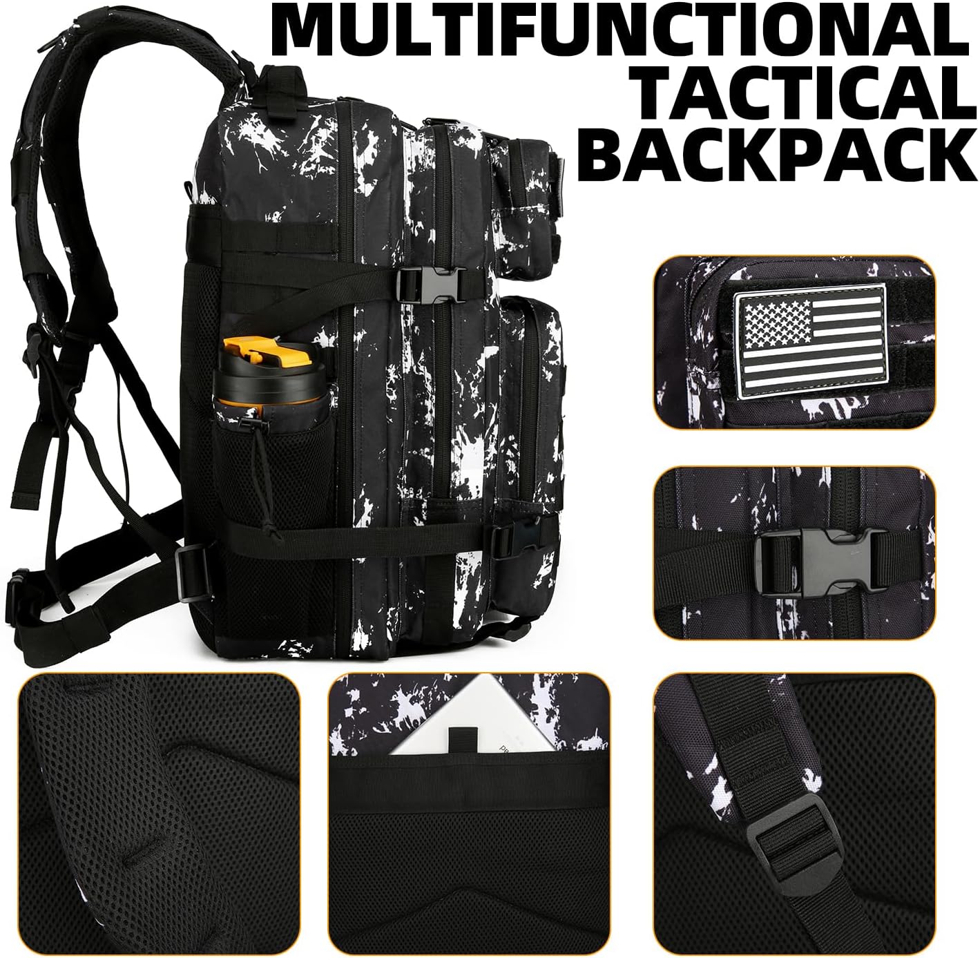 25L Tactical Backpack for Men and Women Military Backpack Army Assault Pack Molle Backpack Small Bug Out Bag Travel Rucksack Daypack (Black Lightning)