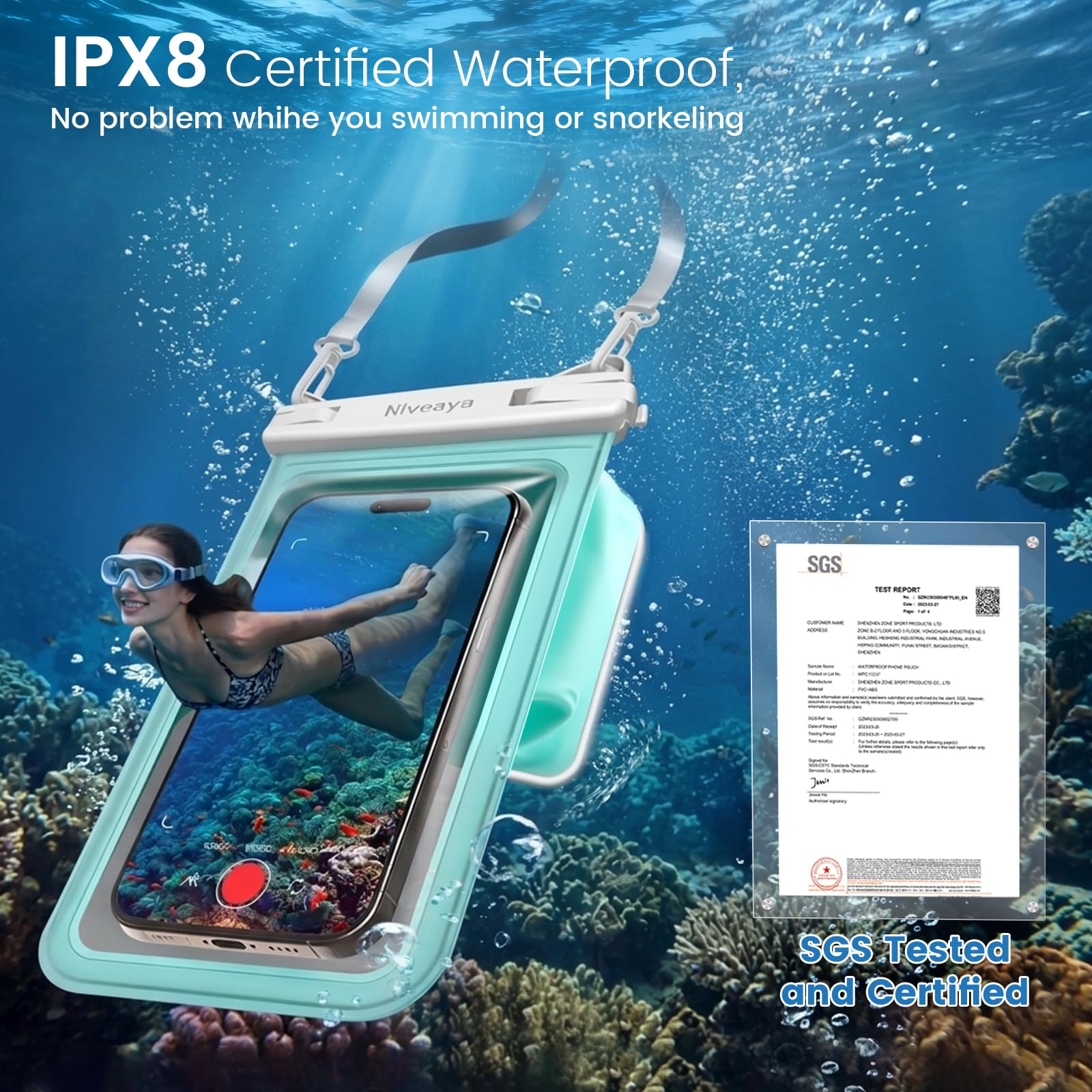 Niveaya 2 Pack IPX8 Waterproof Phone Pouch, Large Space Cell Phone Pouch Floating, Water Proof