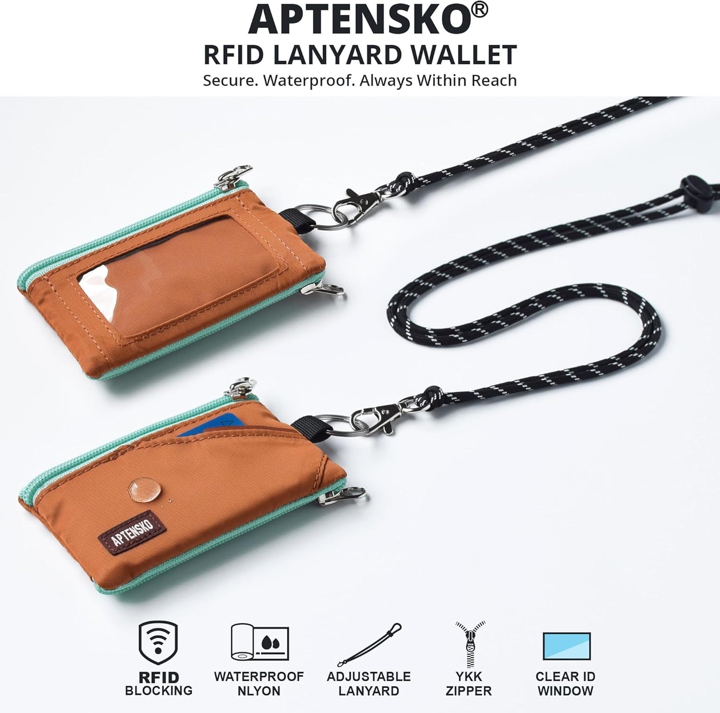 RFID Travel Wallet with Adjustable Lanyard-Zipper Small Wallet with ID Card Holder, Keychain for women&men-Minimalist Slim Waterproof Nylon case for ID, Cash, Key (Rust)