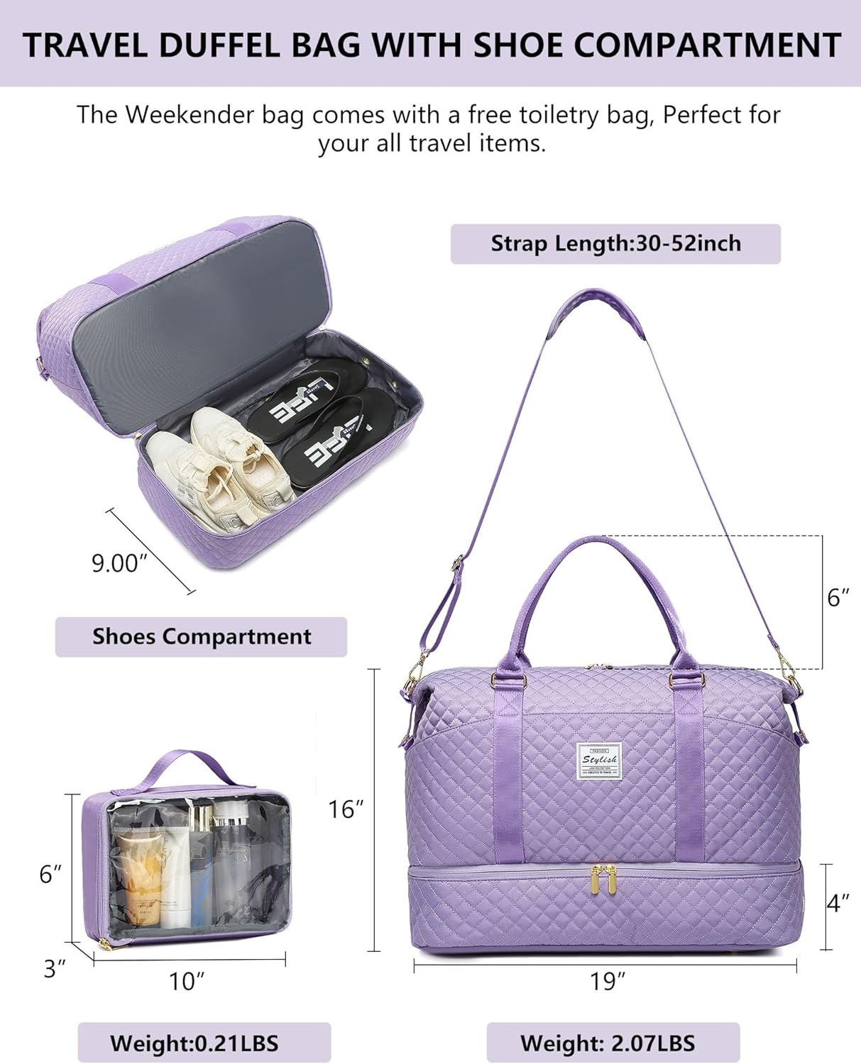 Women Weekender Travel Duffle Bag: Travel Duffel Overnight Bags with Shoe Compartment Large Carry on Tote Bag Toiletry Bag Weekend Yoga Gym Hospital Bags for Labor and Delivery with Wet Pocket Purple