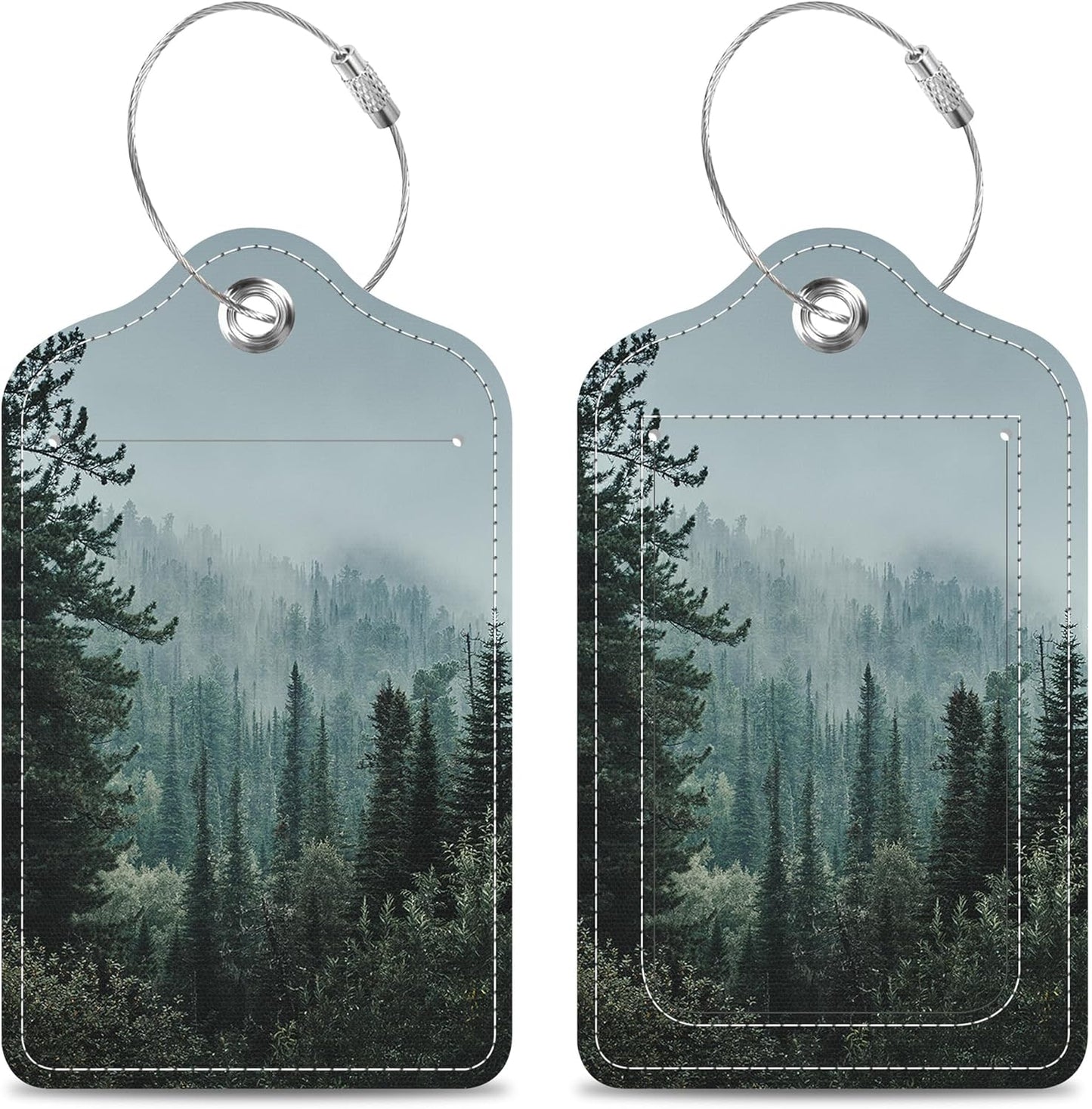 Misty Valley and Dark Forest Luggage Tags 2PCS PU Leather Suitcases Tag with Stainless Steel Loop and Privacy Name Address Cover Label Card for Women Men Travel