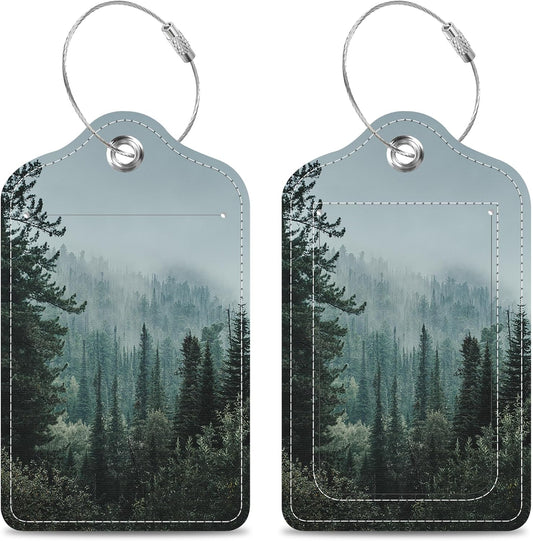 Misty Valley and Dark Forest Luggage Tags 2PCS PU Leather Suitcases Tag with Stainless Steel Loop and Privacy Name Address Cover Label Card for Women Men Travel