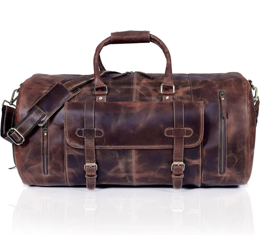 20 Inch Leather Duffel Bags for Men and Women Full Grain Leather Travel Overnight Weekend Bag Sports Gym Duffel for Men
