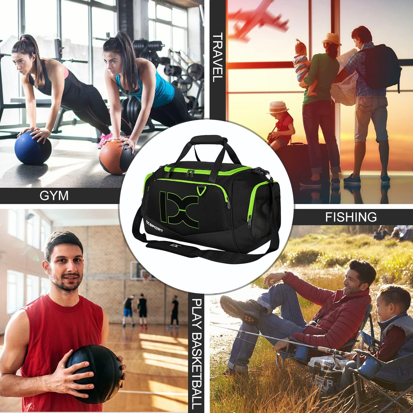 Sports Gym Bag，INOXTO Travel Duffel Bag with Dry Wet Pocket And Shoe CompartmentFor Women and Men，40L/55L Fitness Waterproof Weekender Bag For Swim Sports Travel Working Out (Black green, 40L)
