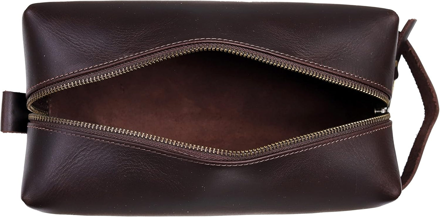 cuero Leather Buffalo DoppKit Toiletry Travel Unisex Toiletry Cosmetic Pouch Shaving Kit Men Women (BROWN)