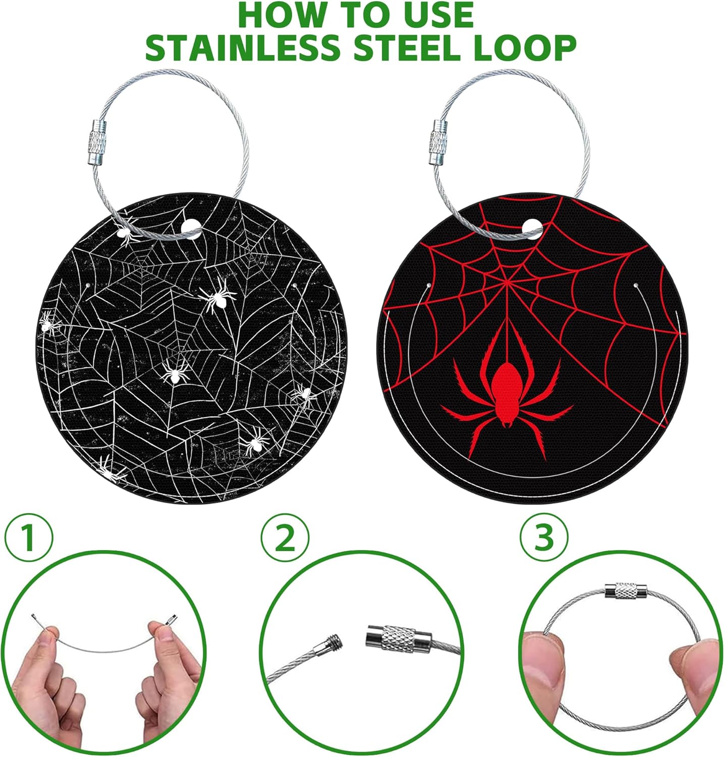 Round Cute Luggage Tags 2 Pack Spider on Spider Web Creative Baggage Tags,Cruise Travel Baggage Suitcases Tag with Stainless Steel Loop ID Tag Privacy Flap