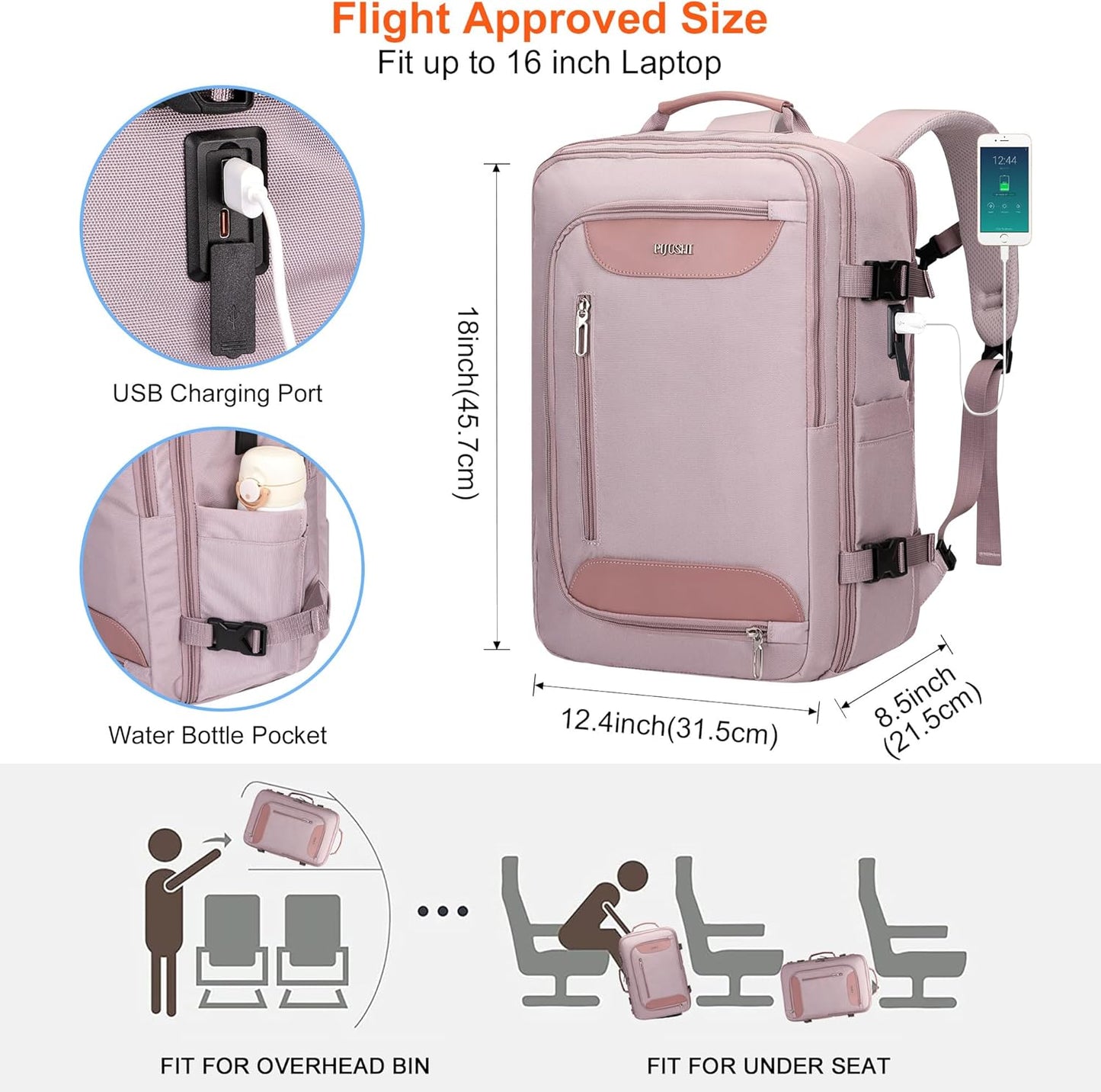 PIJUSHI Travel Backpack for Women Flight Approved Carry on Bag 16 inch Laptop Personal Item Daypack with Shoe Compartment(PE038 Light Purple)