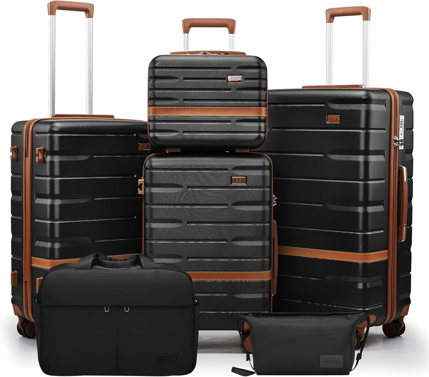Luggage Sets, Suitcase with Spinner Wheels, PC+ABS Hardshell Travel Luggage Set with TSA Locks,Lightweight Rolling Luggage，Carry on suitcase with YKK Zippers (Black, 6 piece set(14/20/24/28/DB/TB))