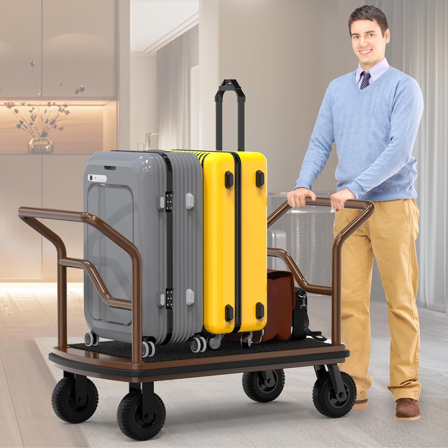 Hotel Luggage Cart,Heavy Duty Bellman Cart -8" Silent Pneumatic Wheels,Nylon Carpet and Deck Bumper Rails,Brushed Stainless Steel Hotel Luggage Trolley Weight Capacity Up to 850LBS for Hotel/Resort