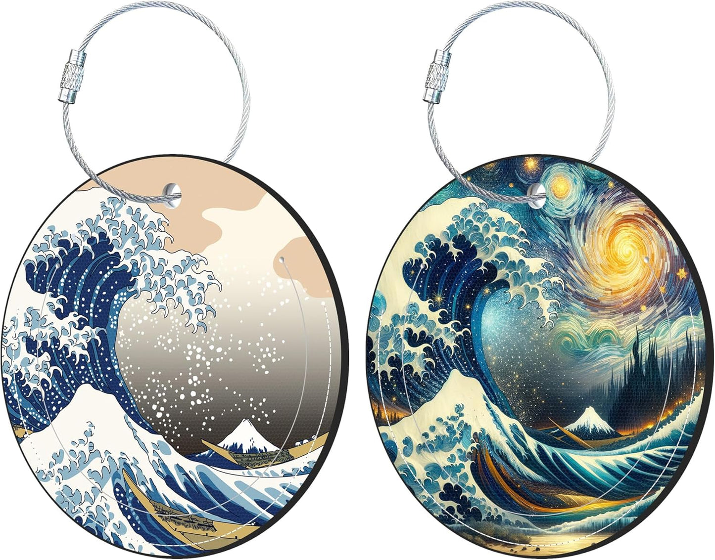 Round Cute Luggage Tags 2 Pack The Great Wave Creative Baggage Tags,Cruise Travel Baggage Suitcases Tag with Stainless Steel Loop ID Tag Privacy Flap