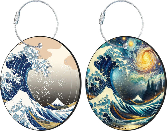 Round Cute Luggage Tags 2 Pack The Great Wave Creative Baggage Tags,Cruise Travel Baggage Suitcases Tag with Stainless Steel Loop ID Tag Privacy Flap