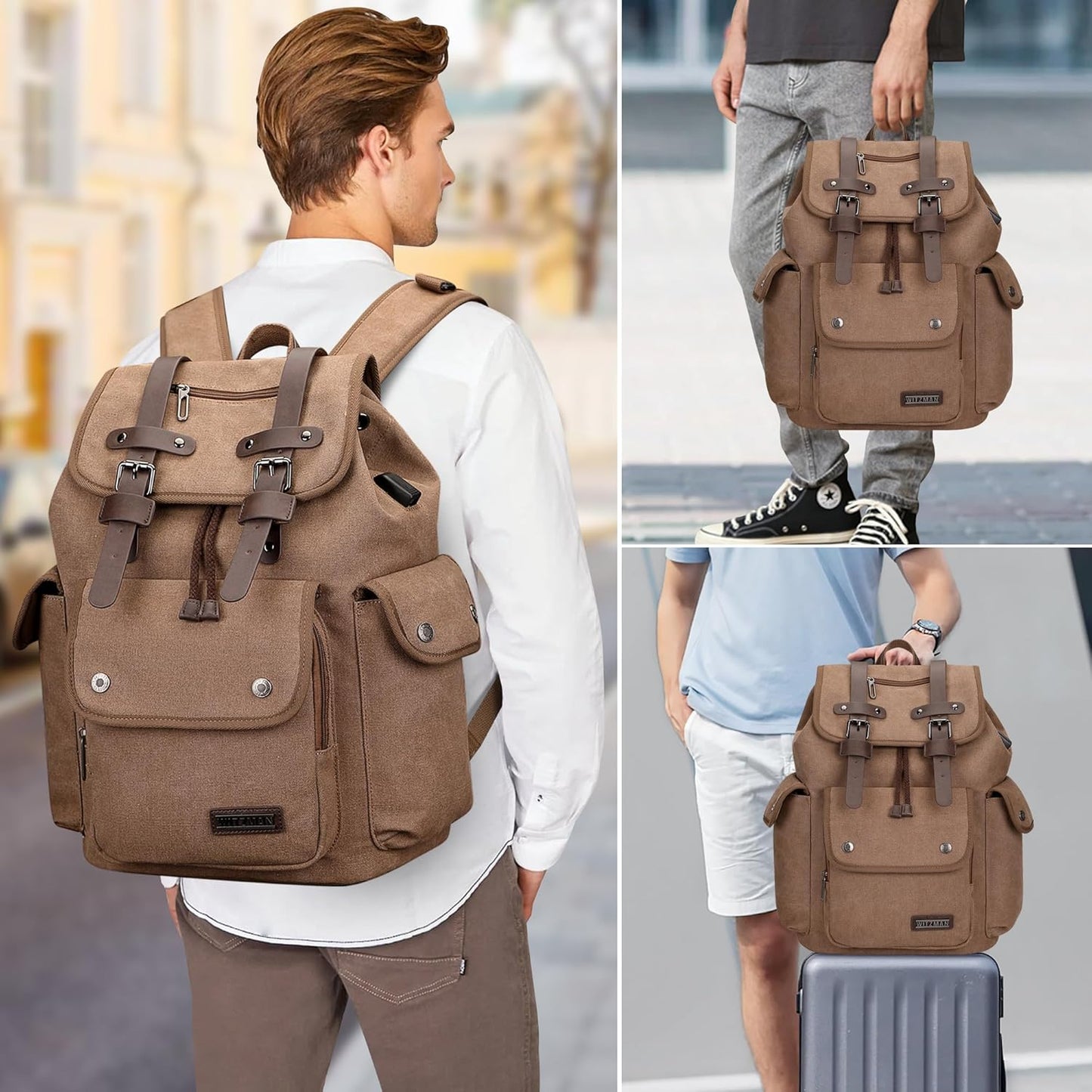 WITZMAN Canvas Backpack for Men Vintage Rucksack Fit 15.6 inch Laptop Backpack Travel High Capacity Casual Daypack (A8004 brown)