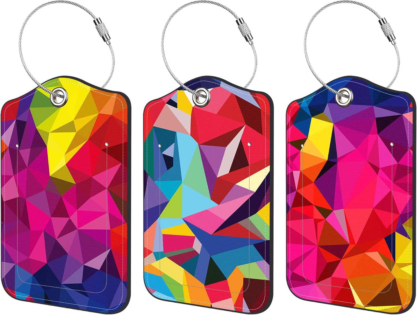 3 Pack Luggage Tags for suitcases Colorful Geometric Leather Luggage Tag, Identifiers with Privacy Name ID Label and Metal Loop for Men Women Travel Bag Suitcase