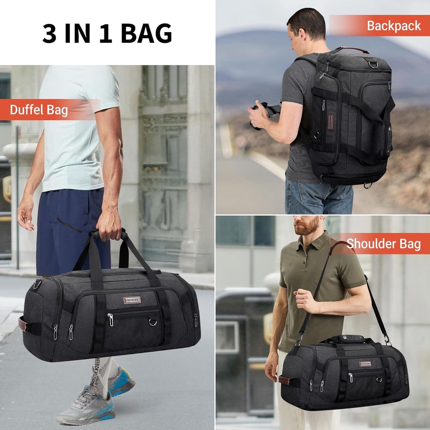 WITZMAN Canvas Duffel Bags for Men Traveling 3 in 1 Backpack Carry-on 40L Weekender Overnight Bag with Shoe Compartment(A8006/2 Black)