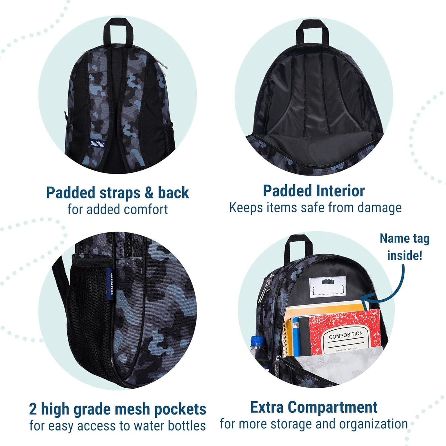 Wildkin 15-inch Kids Backpack – Durable, Padded, Adjustable for School & Travel - Black Camo