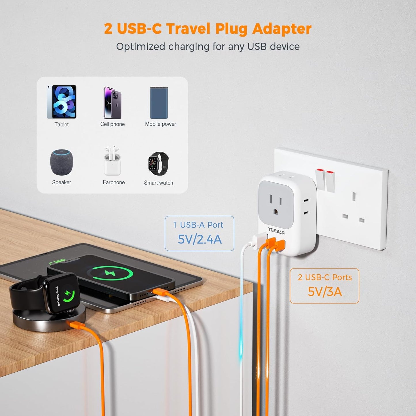 TESSAN US to UK Plug Adapter, Type G Travel Adaptor with 4 Electrical Outlets 3 USB Ports (2 USB C), Ireland Power Adapter for USA to England London Scotland Dubai Singapore Qatar Kenya British