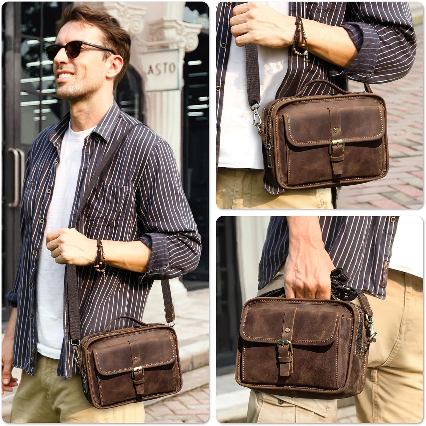 Top Grain Leather 8.3" Messenger Bag for Man & Woman, Multi Pockets, Fits to 7.9"/8.3" iPad for