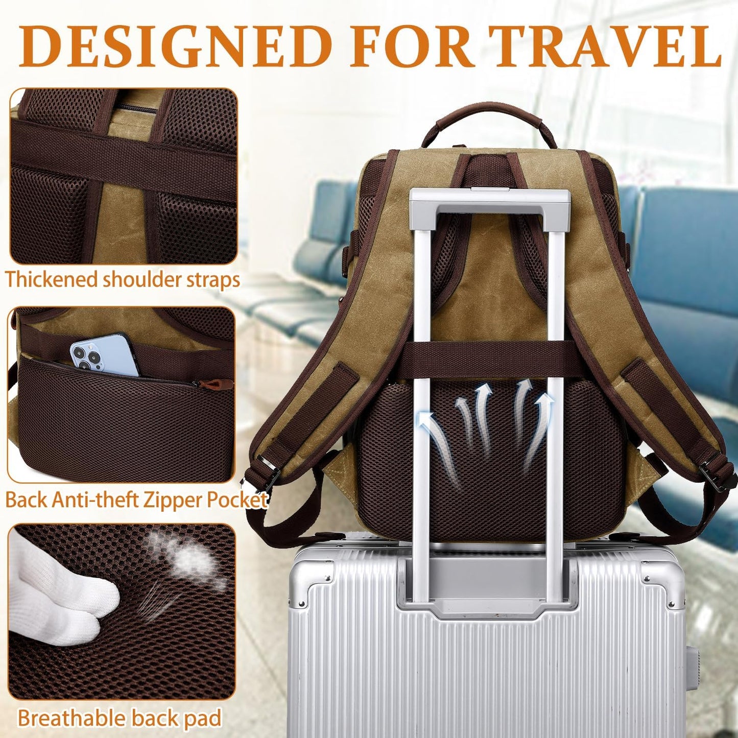 Travel Backpack for Men Carry On Backpack Flight Approved Personal Item Backpack, 17 inch Laptop Backpack Casual Daypack Weekender Business Hiking Backpack, Brown