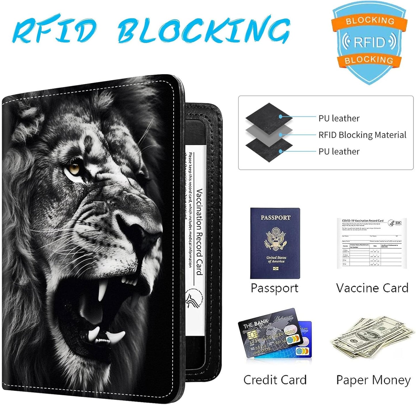 Passport Holder Cover Wallet Travel Essentials RFID Blocking Case Leather Passport Cover Wallet Vaccine Card Slot Organizer for Men Women, Lion