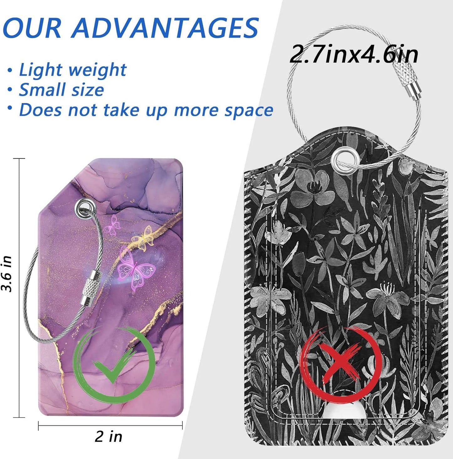 4 Luggage Tags, (1" Smaller Than Traditional) Perfect for Quick Luggage Identification with Stainless Steel Ring and Address Card for Travel and Luggage (Pink Marble + Purple Marble)