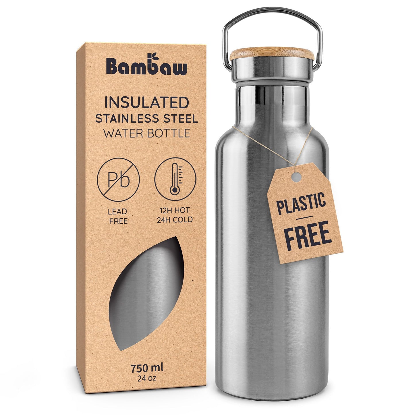 Bambaw 24 oz Metal Water Bottle, Insulated Stainless Steel Water Bottle, Great for Travel, Wide