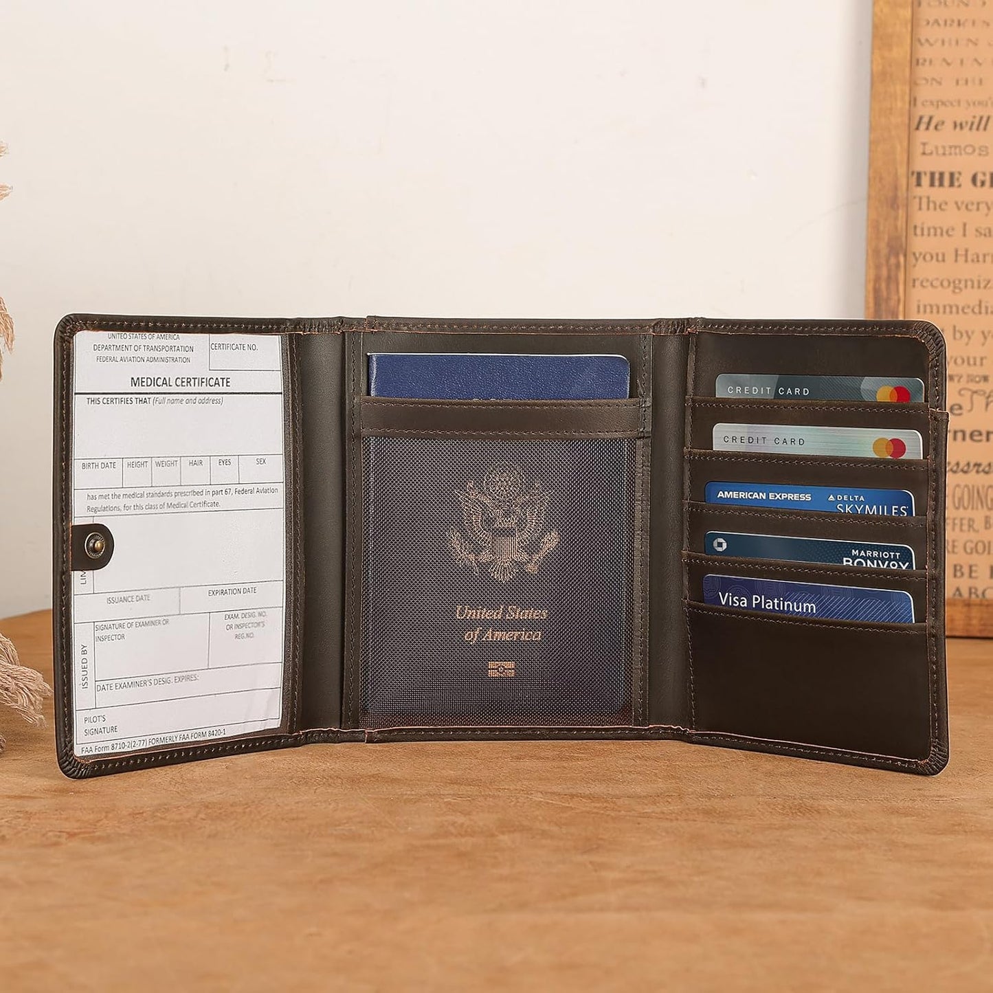 Polare Full Grain Leather Pilot Wallet Passport Holder RFID Blocking Trifold Wallet for Men Travel Cover Document Organizer for Aviation Professionals